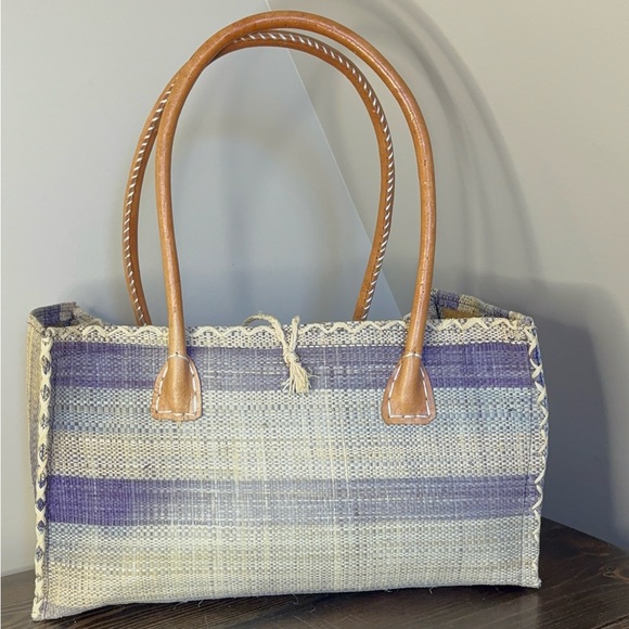 Vtg Handwoven Madagascar Raffia Stripe Tote Bag - Picture 4 of 14